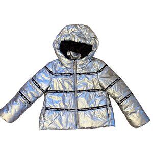 $404 Monnalisa 8 Puffer Bomber Jacket Hoodie Coat Silver Metallic Padded Logo